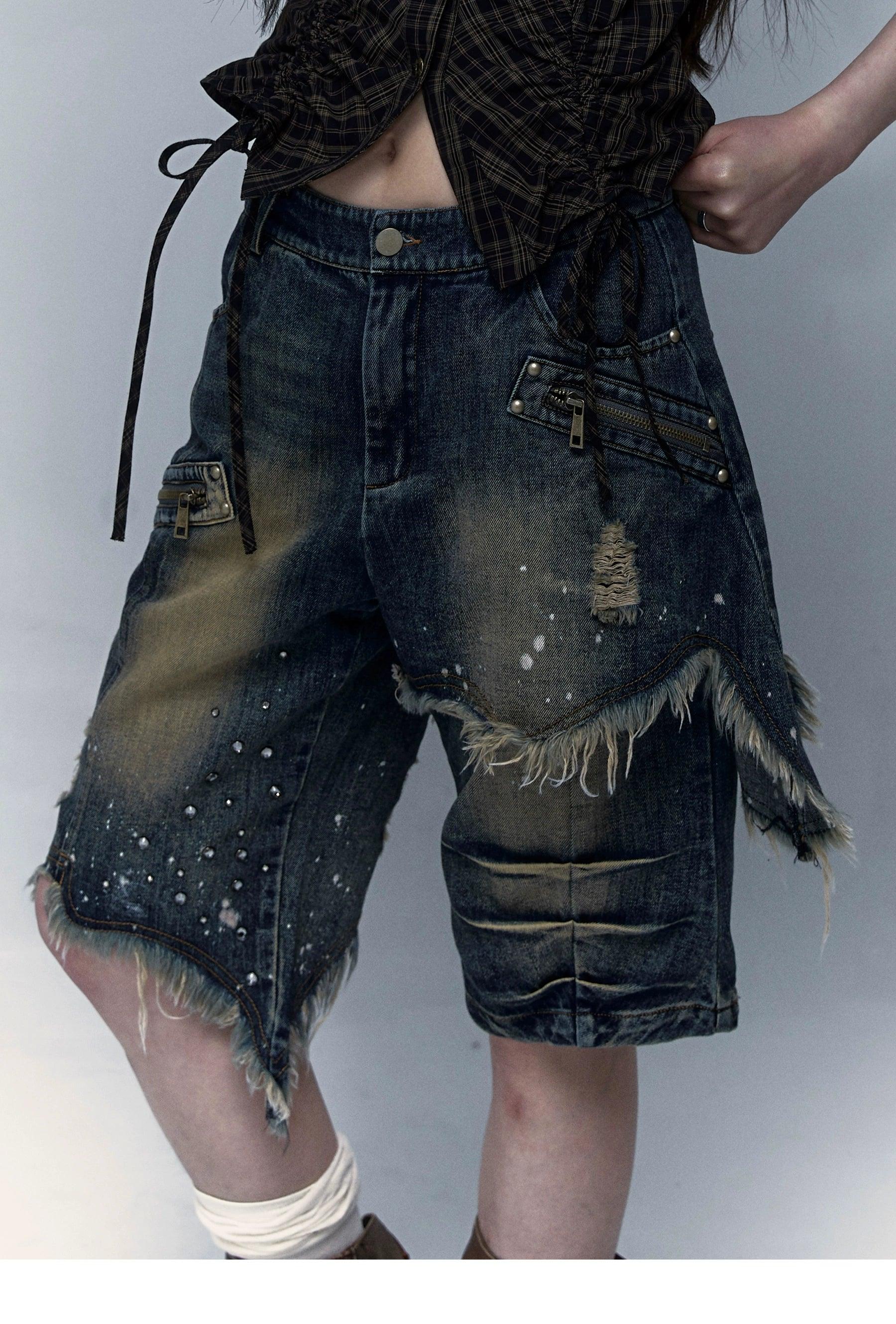 No Romance Asymmetrical Distressed Denim Shorts - Unisex Grunge Ripped Jean Capris With Paint Splatter