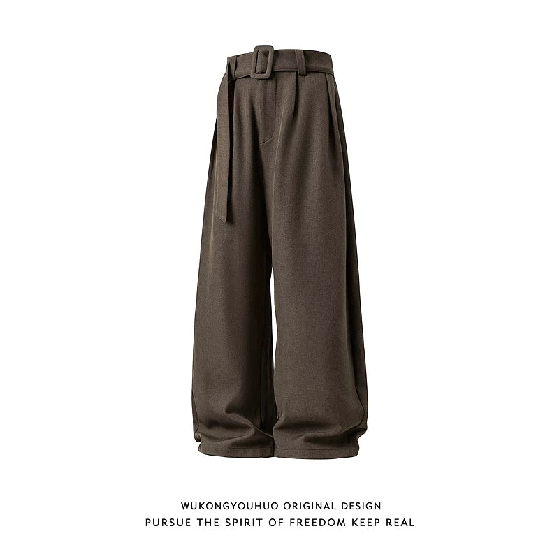 Belted Linen-Texture Curve Trousers