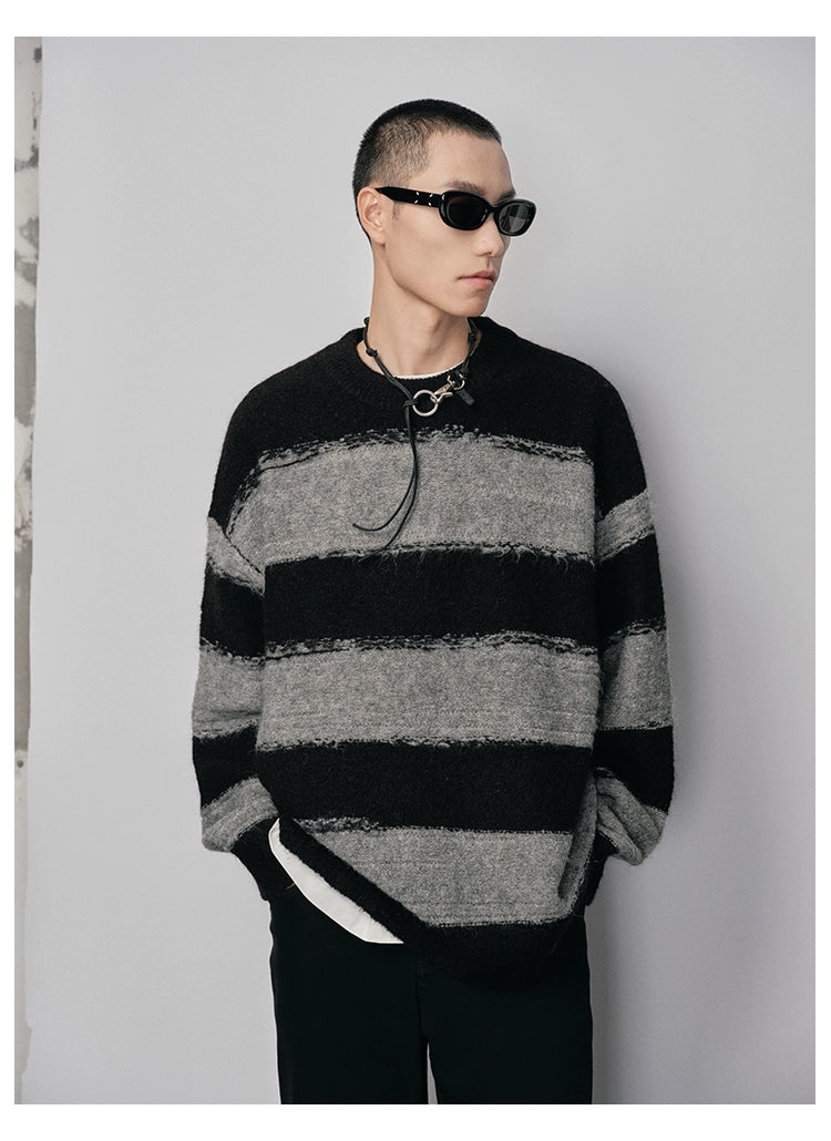 Irregular Wide-Striped Oversized Round Neck Sweater