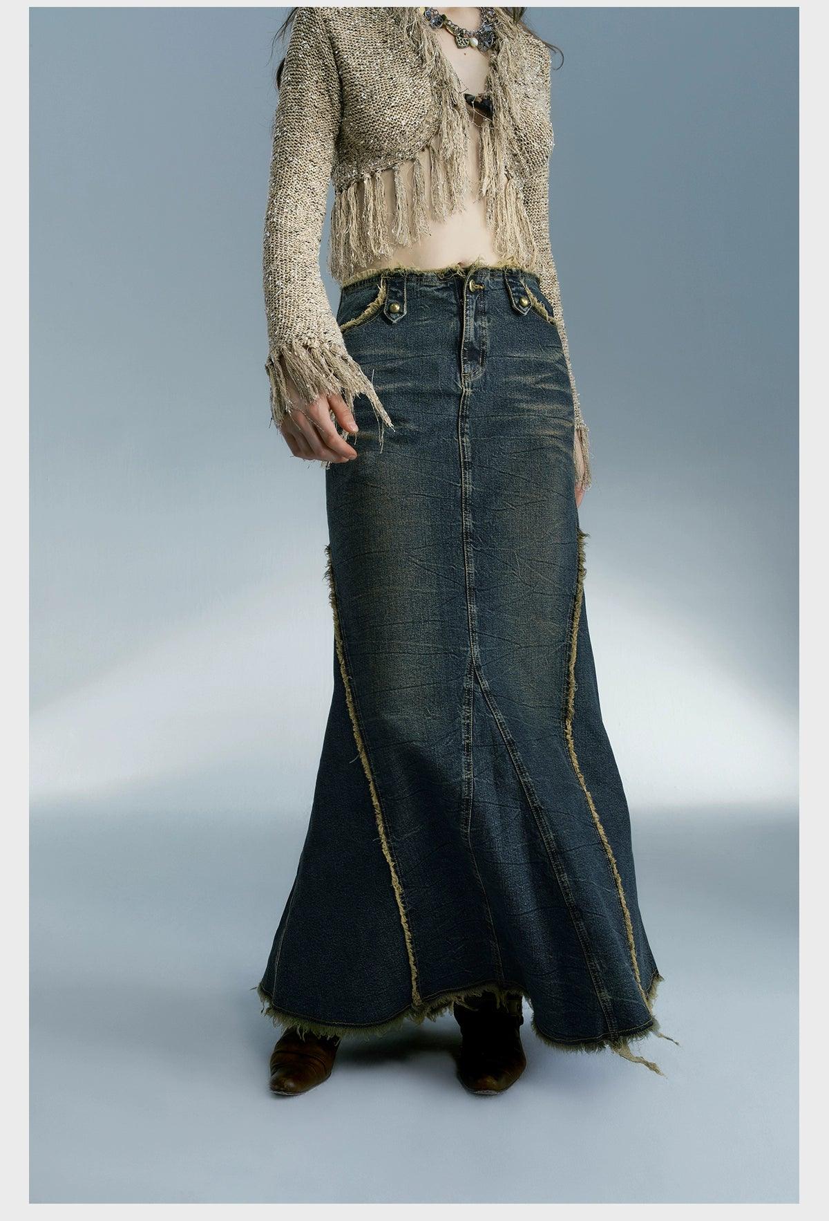 Strike A Pose Women'S Vintage Wash Denim Maxi Skirt - High-Waisted A-Line Jean Skirt With Frayed Seams And Front Slit