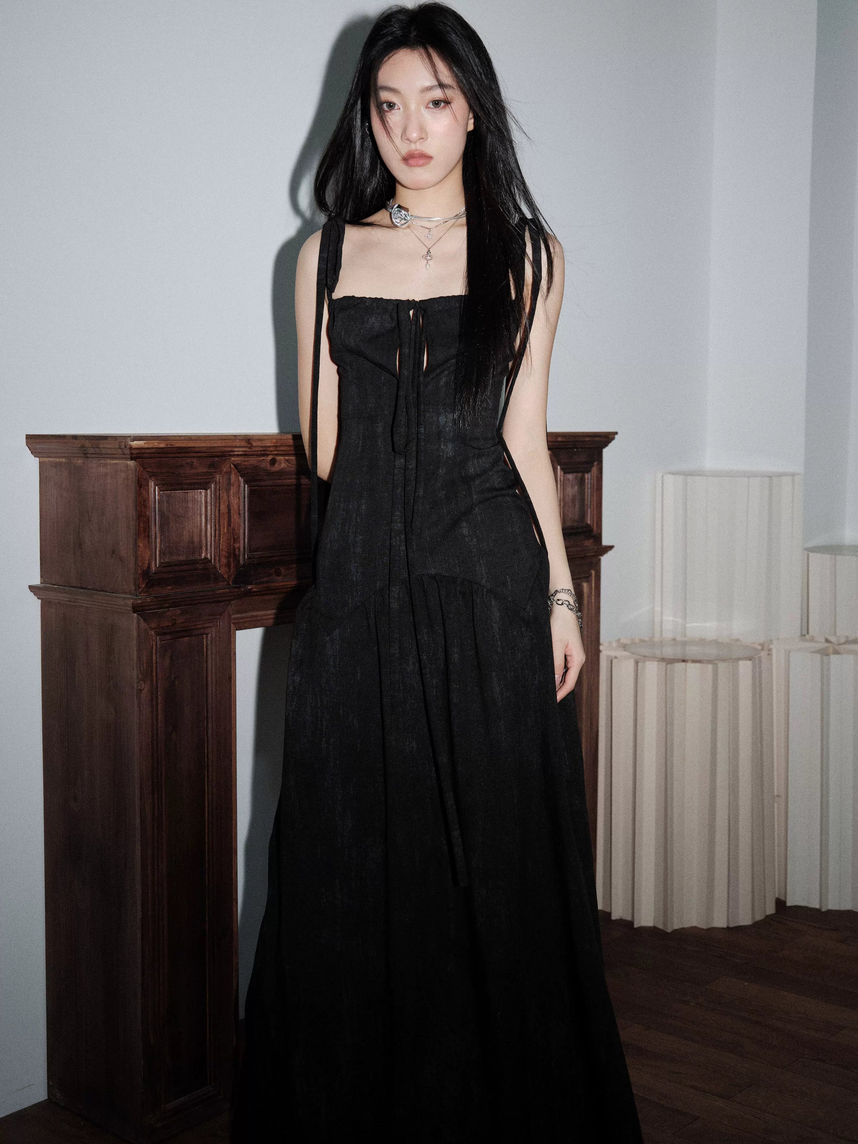 Black Ribbon-Strap Corset Maxi Dress