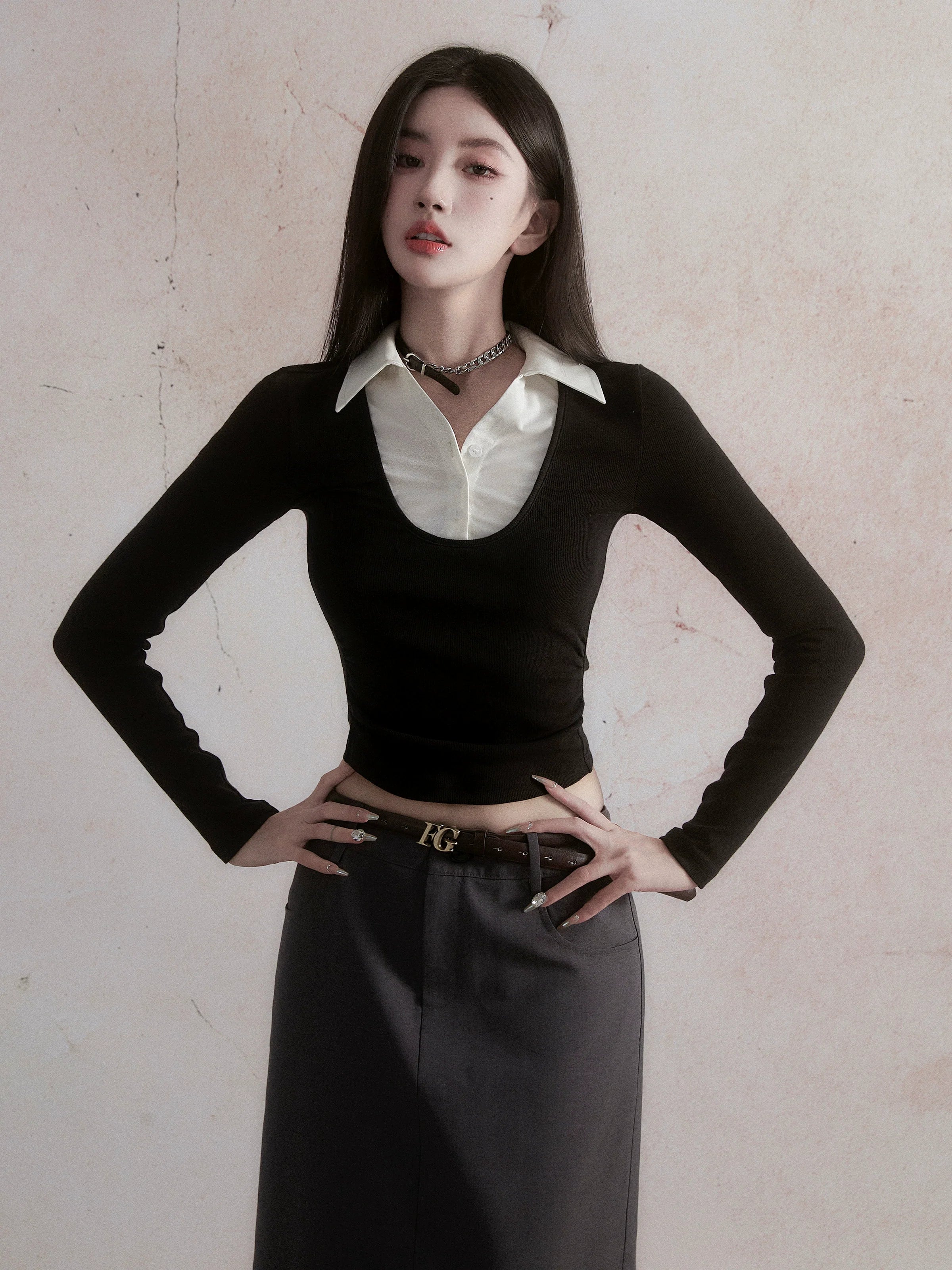 Collared Contrast Long Sleeve Crop Top