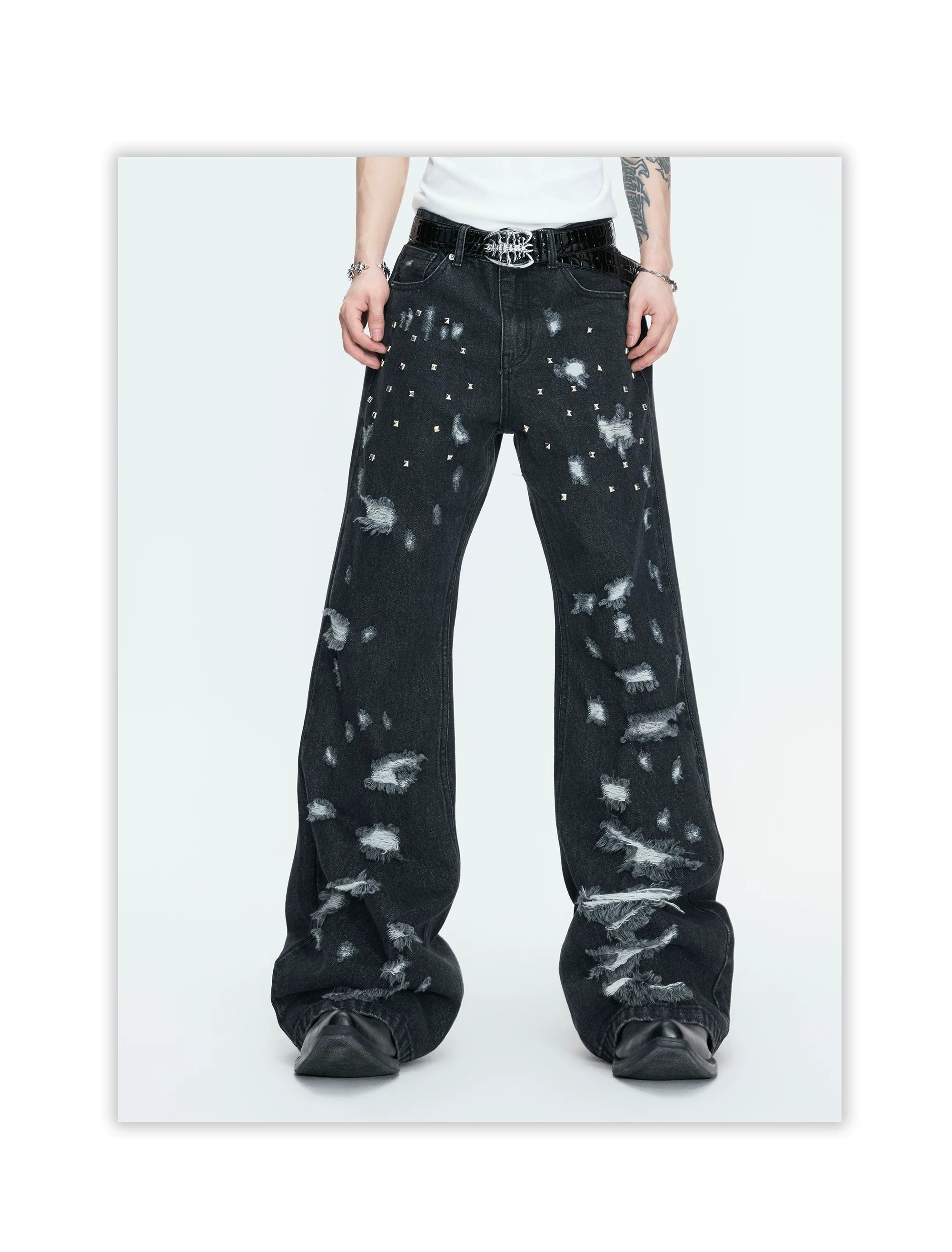 Distressed Studded Wide Leg Jeans