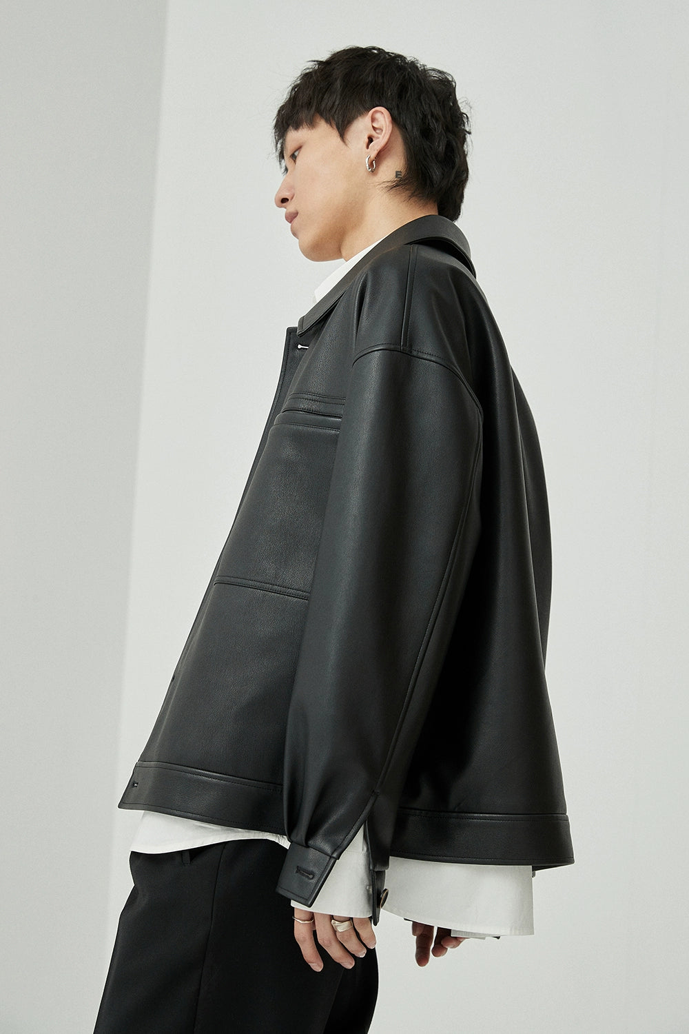 Square Neck Oversized Cropped PU Leather Jacket