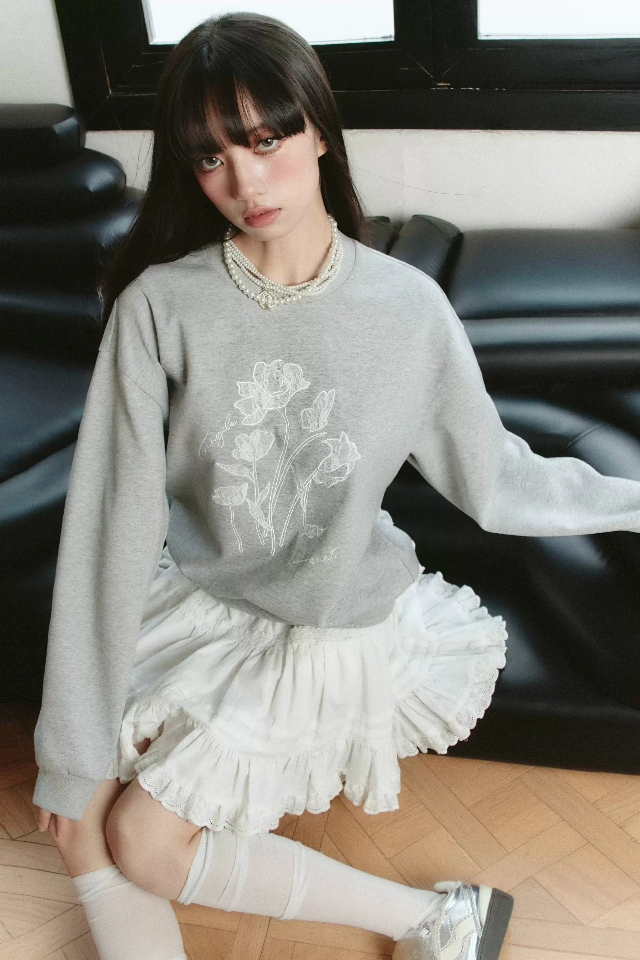 Botanical Bliss Sweatshirt and Lace Mini Skirt Set - Soft Gray and White