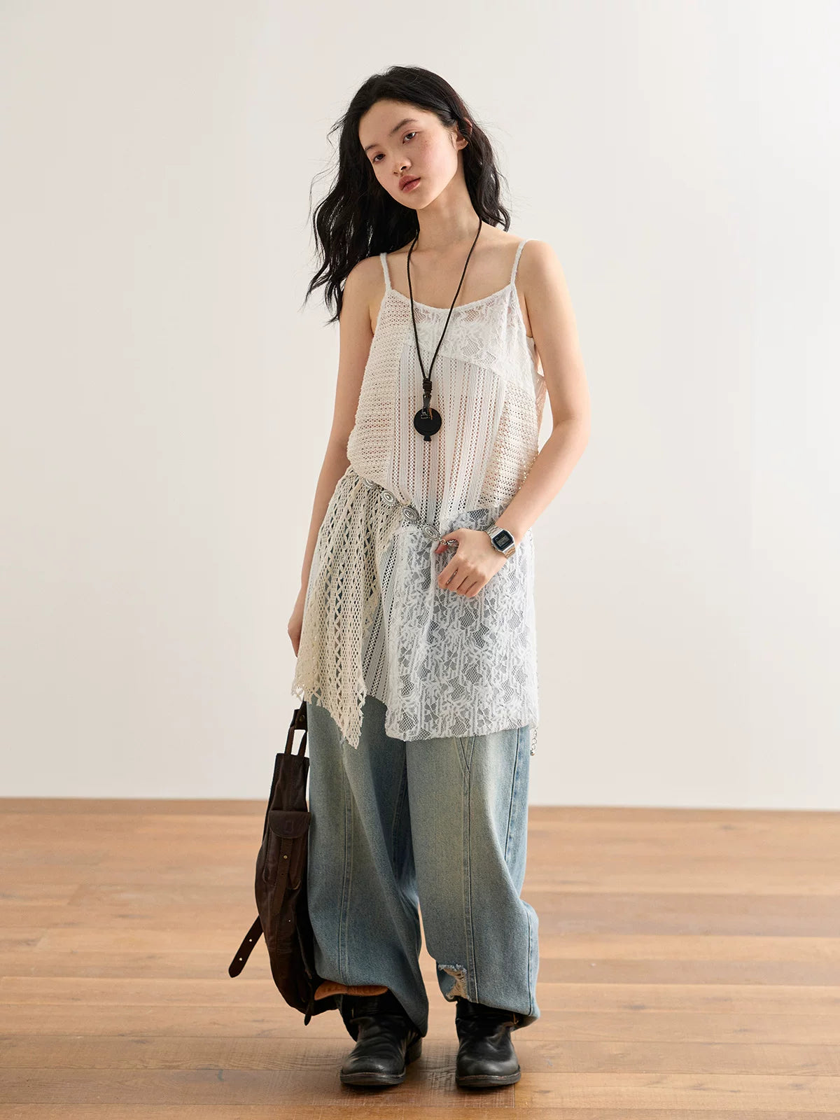 Asymmetric Crochet Lace Long Cami Top