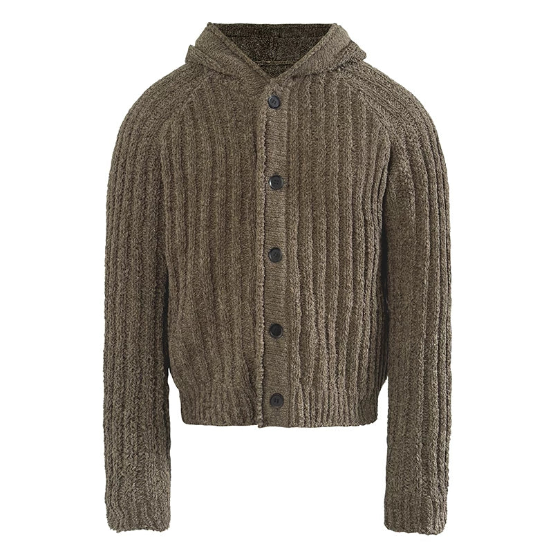 Ribbed Button-Up Knit Hoodie Cardigan