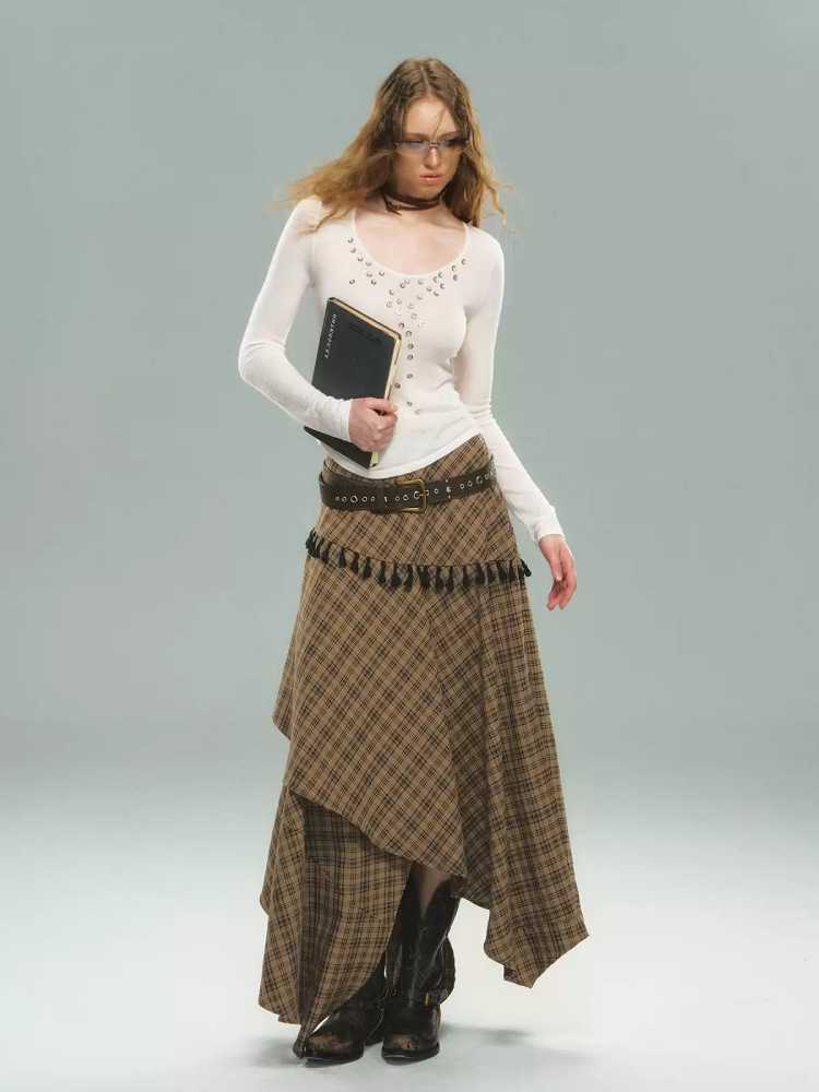 Tassel Plaid Asymmetric Skirt