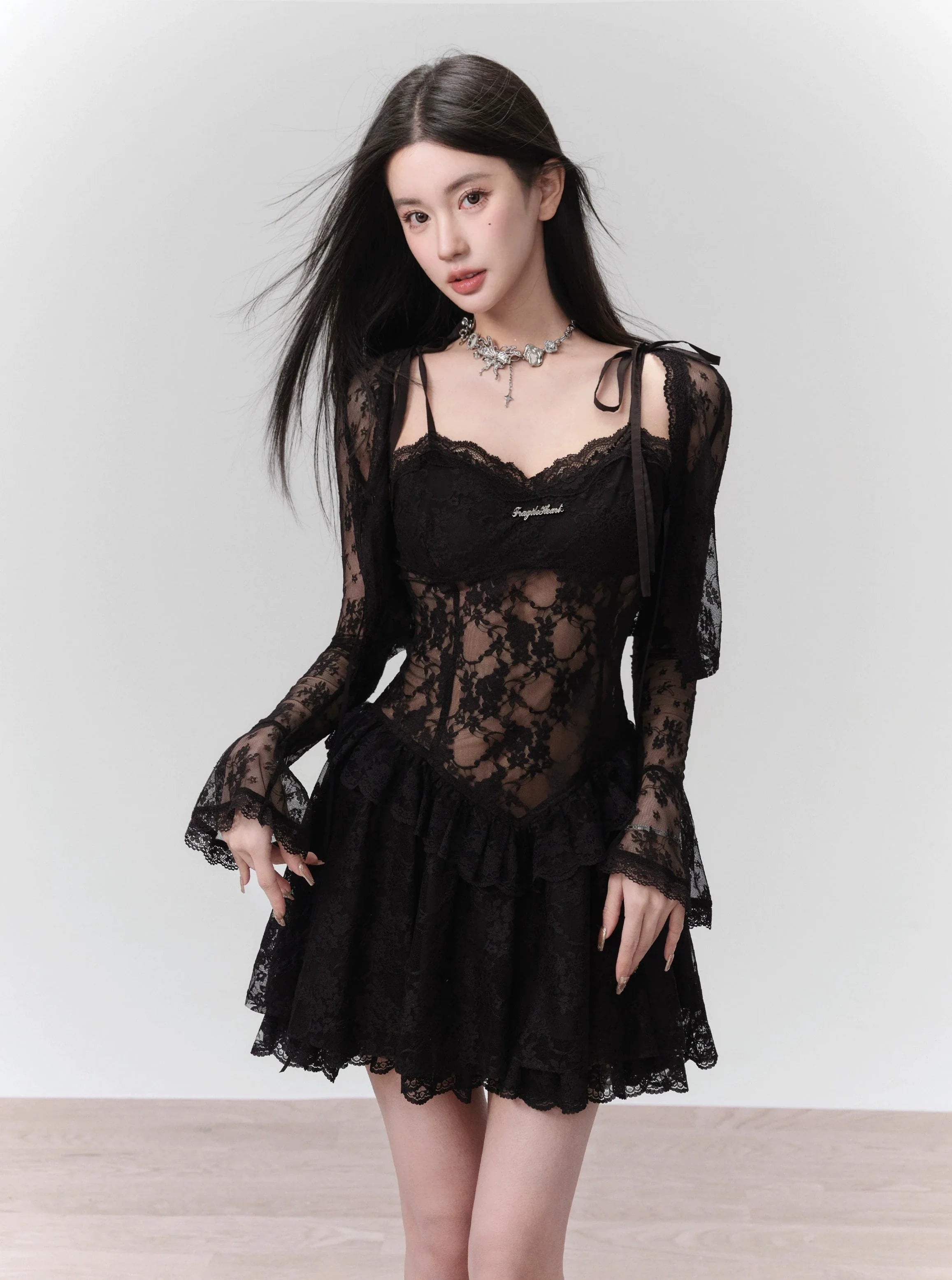 Seductive Black Lace Corset Mini Dress with Tie Straps