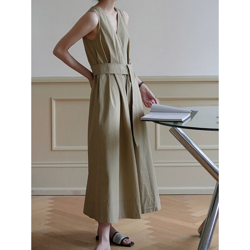 Sleeveless Khaki Belted Maxi Dress