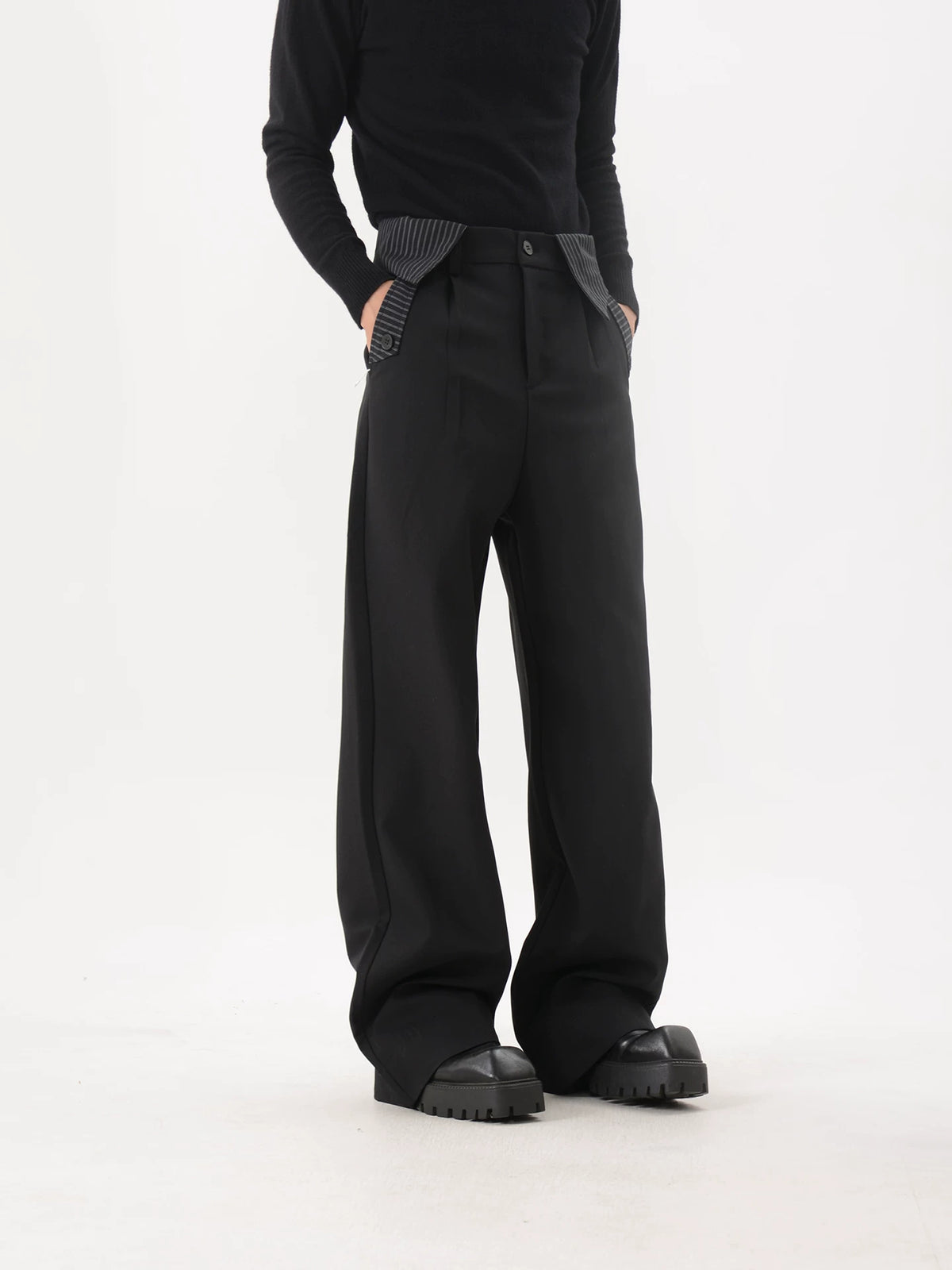 Black Pinstripe-Trim Wide-Leg Trousers
