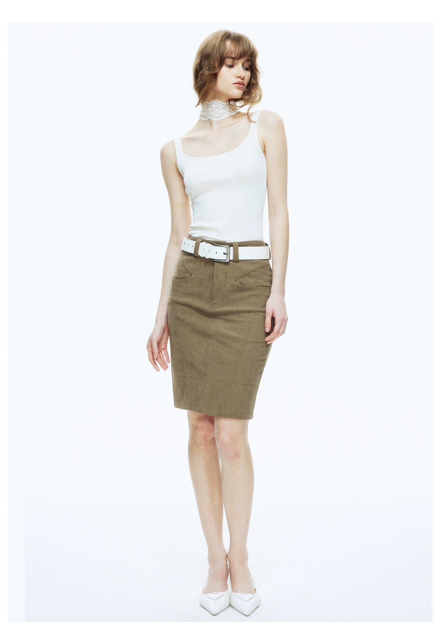 Khaki Corduroy Midi Skirt