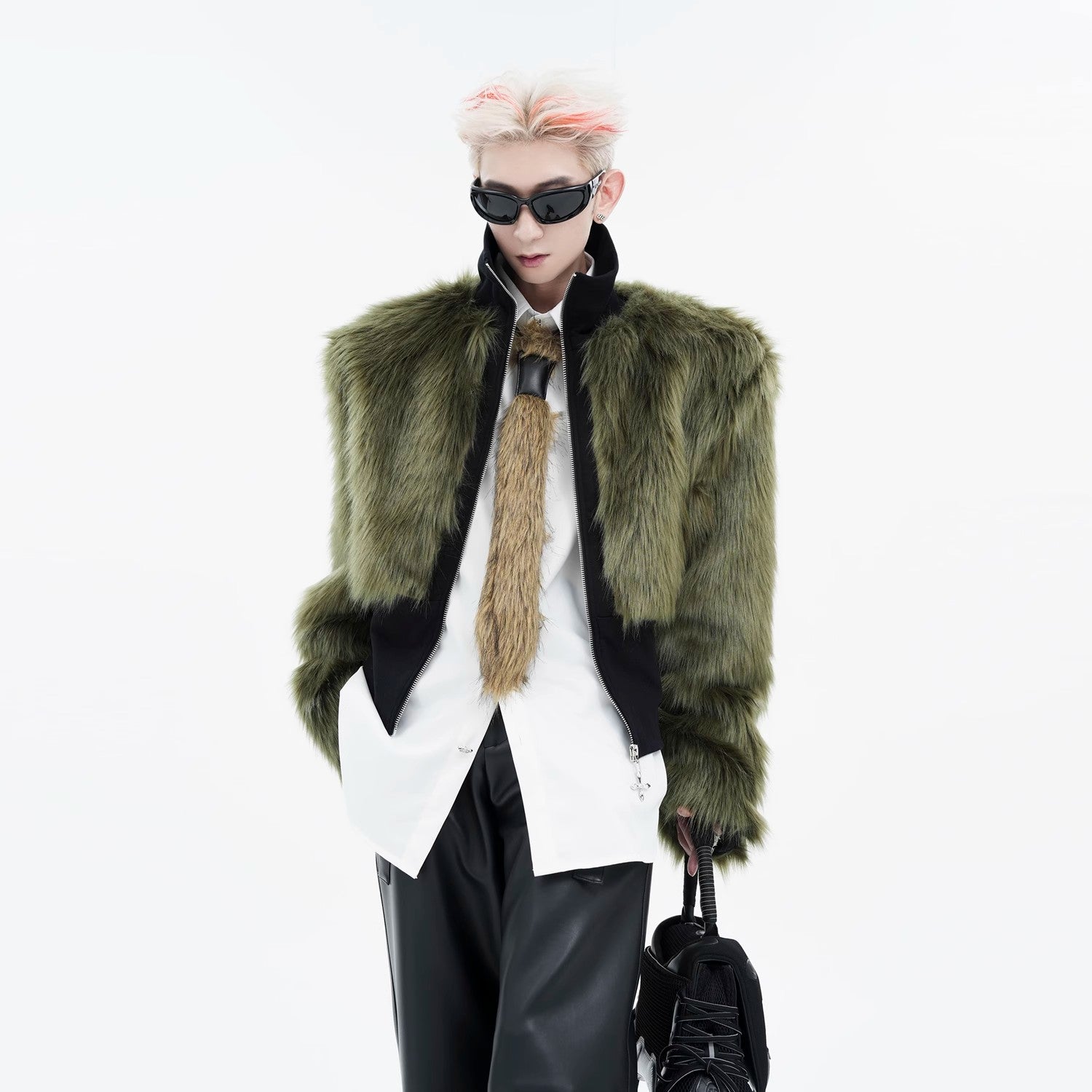 High Neck Olive Fur Panel Jacket