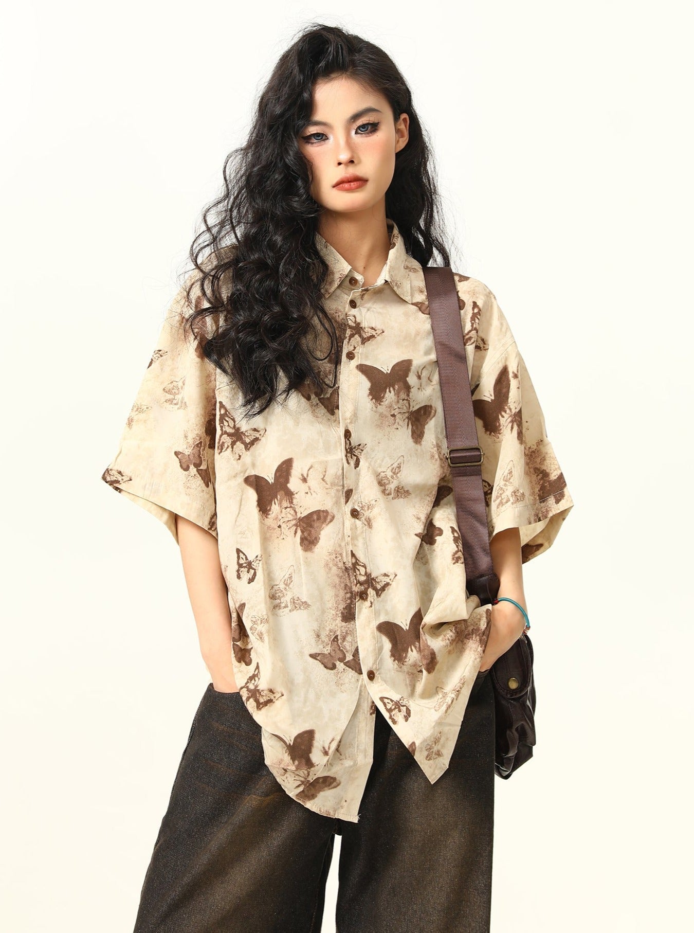 Butterfly Print Pattern Oversized Button-Down Shirt