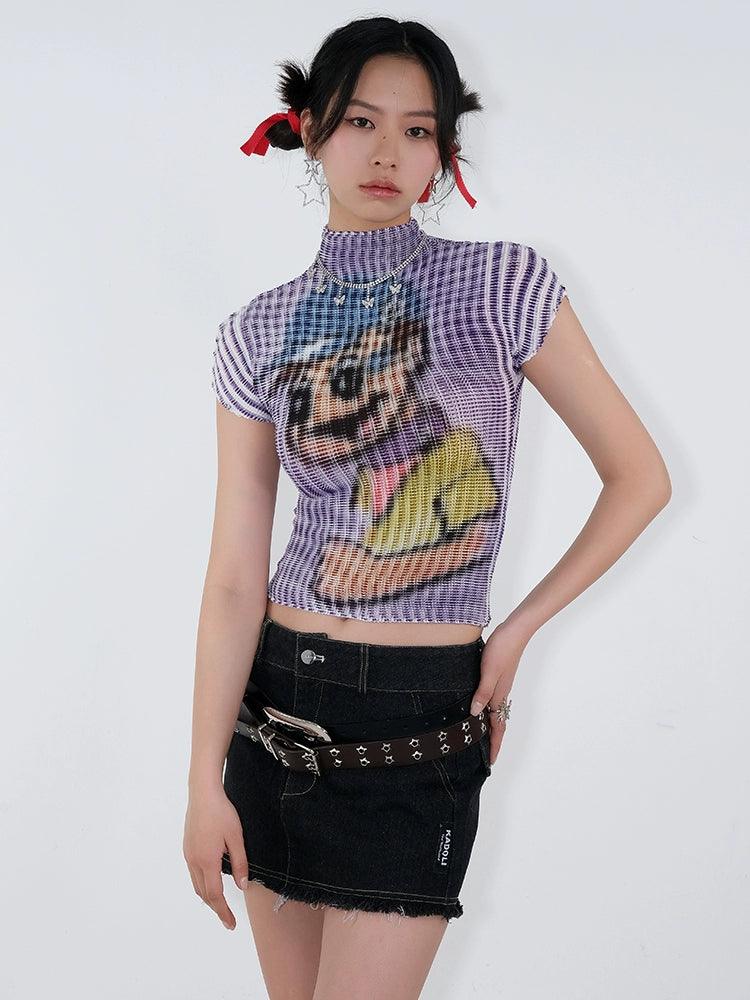 Cartoon Dog Print Ribbed Crop Top