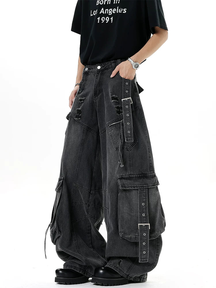 Harness-Ruined Cargo Denim Pants