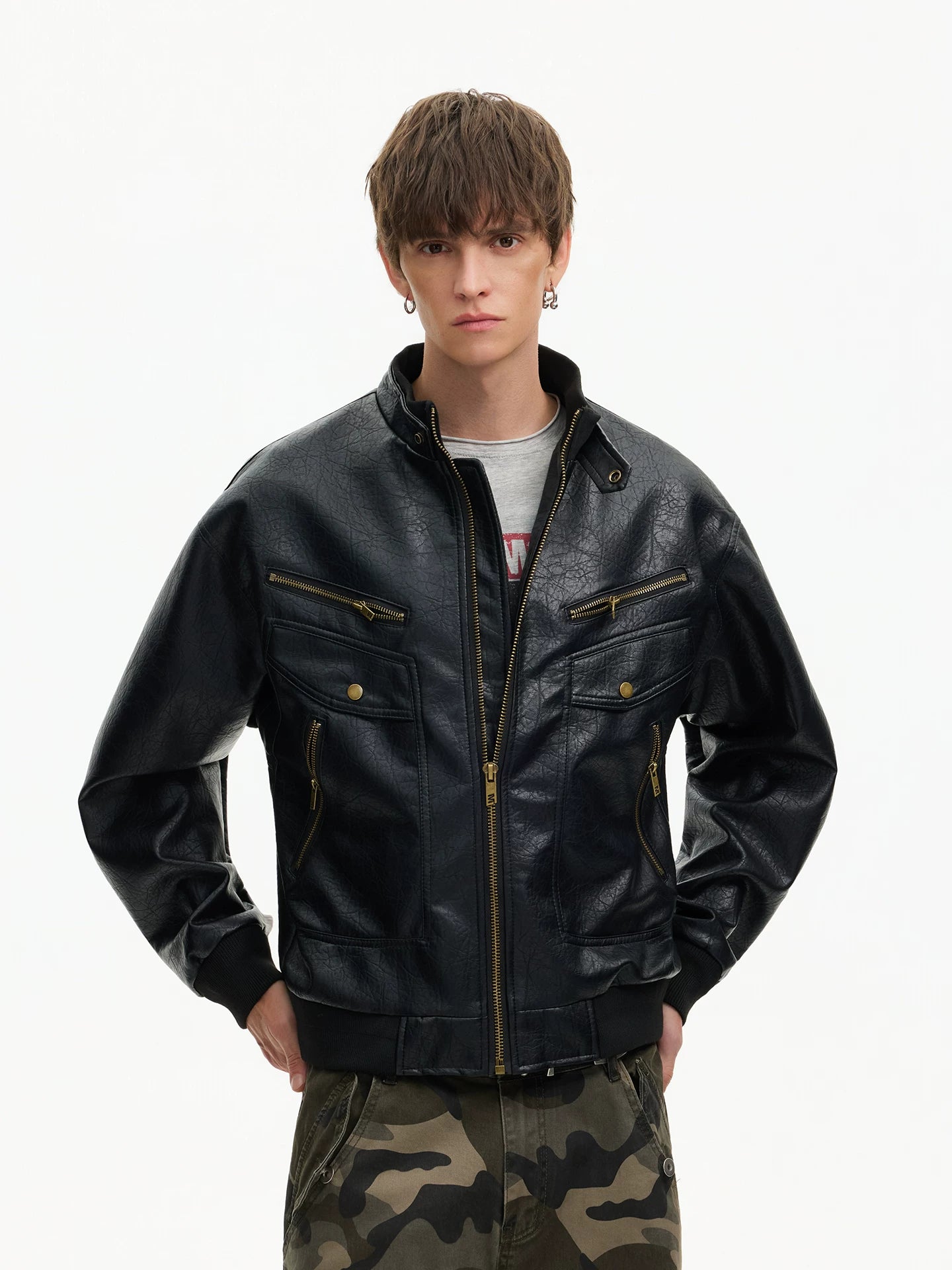 Retro Moto Zip Faux‑Leather Jacket