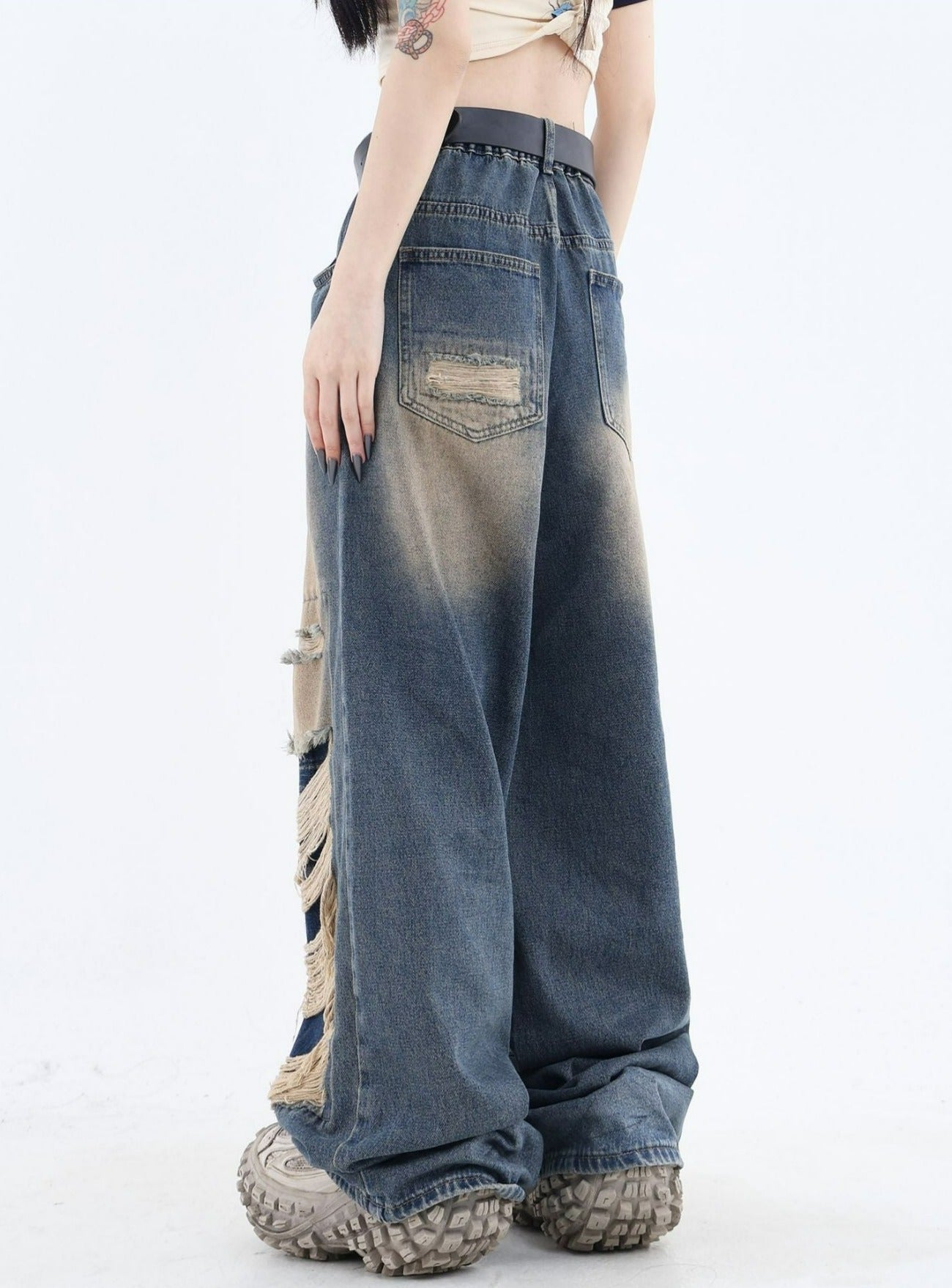 Distressed Patched Denim Jeans - chiclara