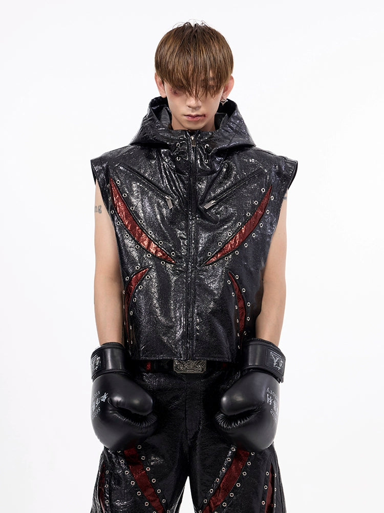 Black Hooded Faux Leather Vest