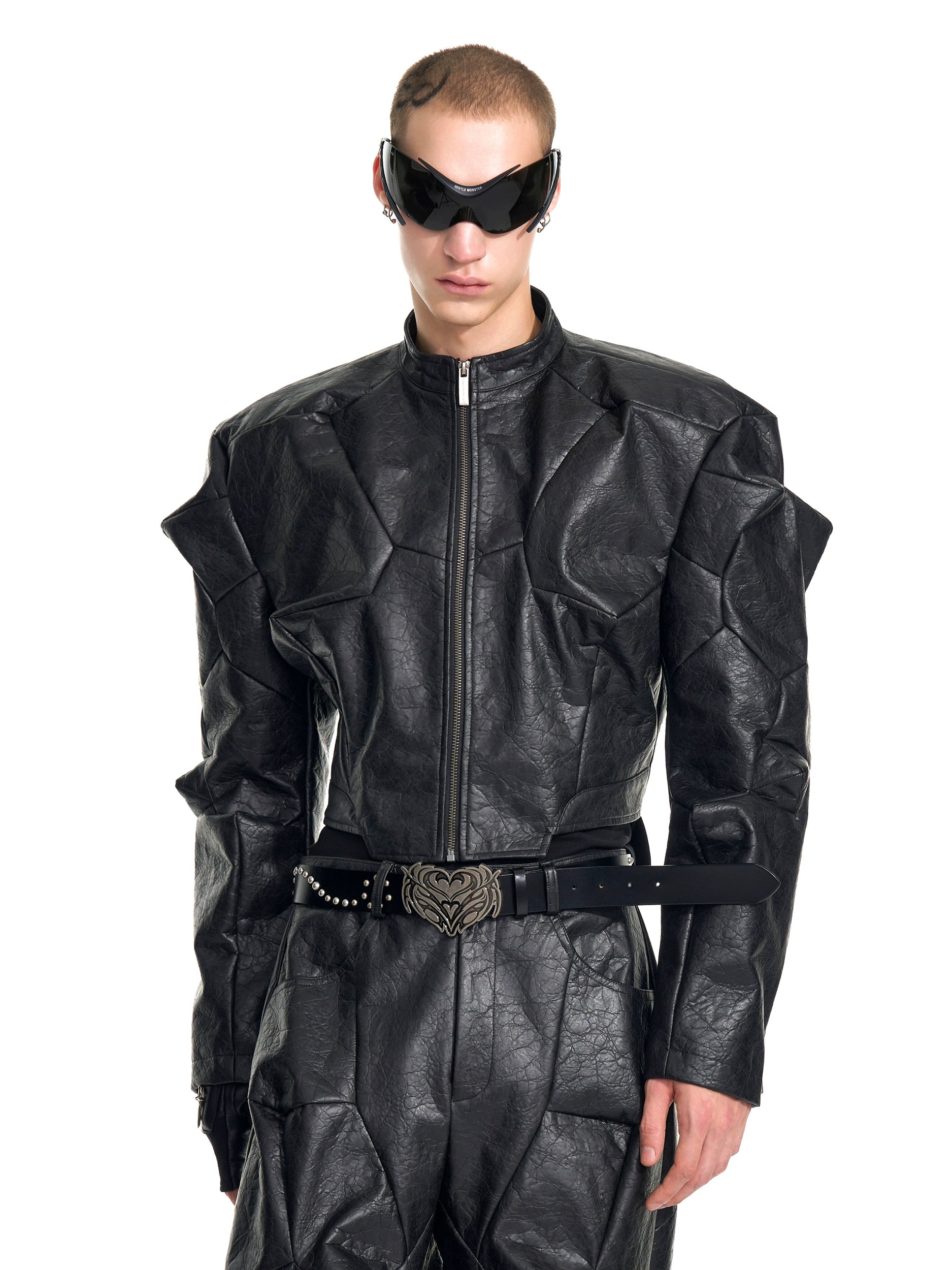 Black Geometric-Patterned Faux Leather Zip-Up Jacket and Pants Set