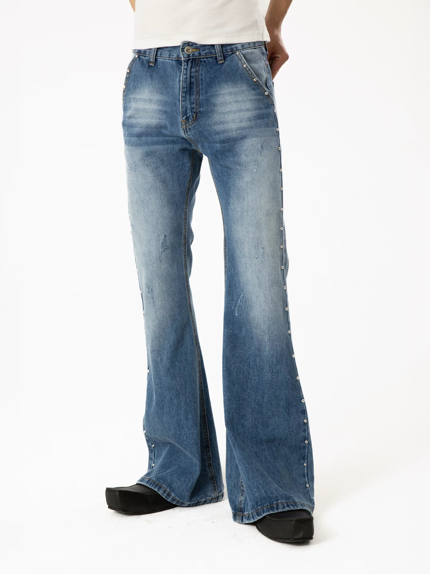 Side-Stitched Studded Flare Denim