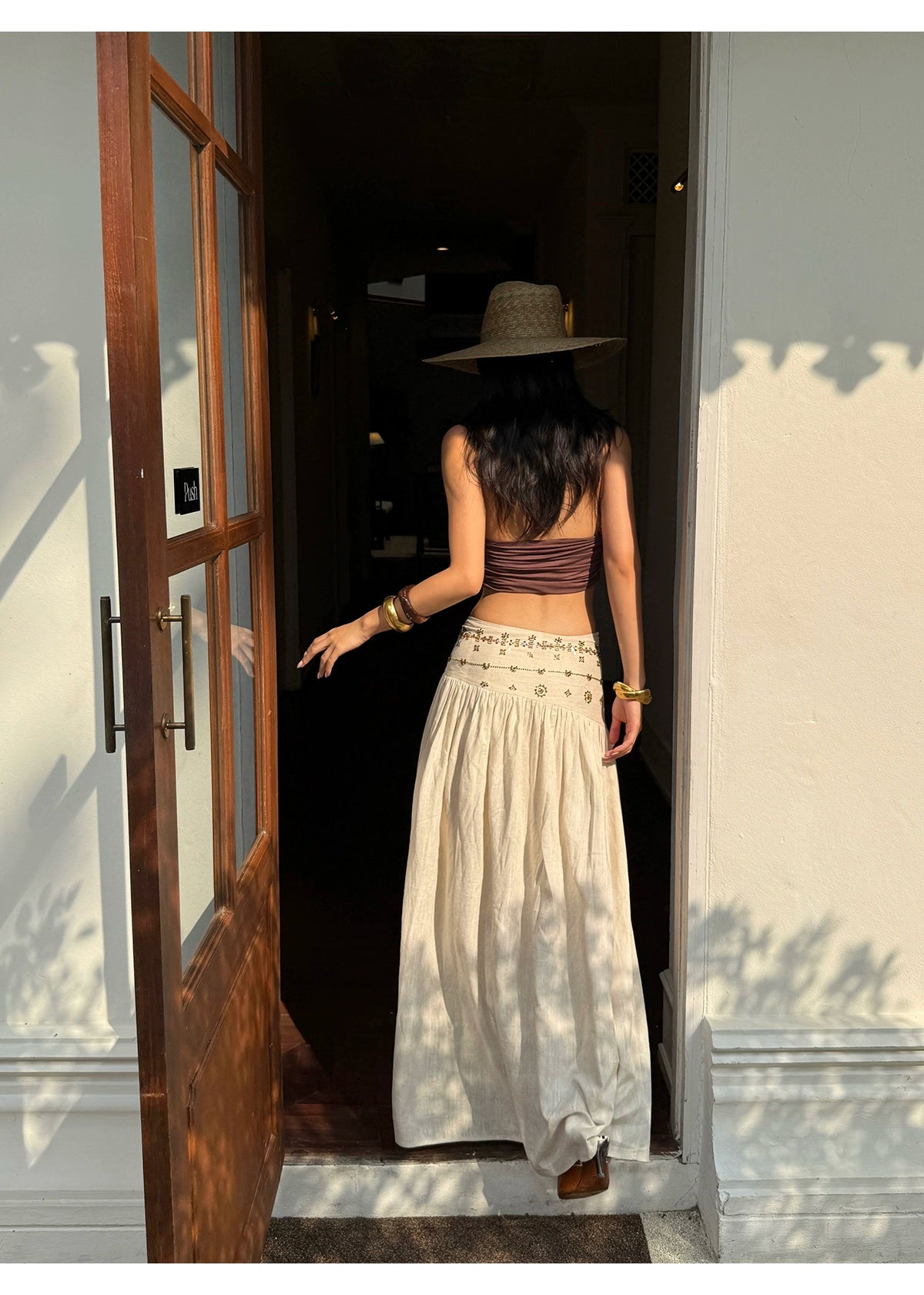 Beige Embroidered High Waist Midi Skirt