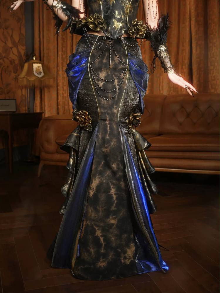 Royal Bustle Maxi Skirt - Victorian Blue Velvet Gothic Train