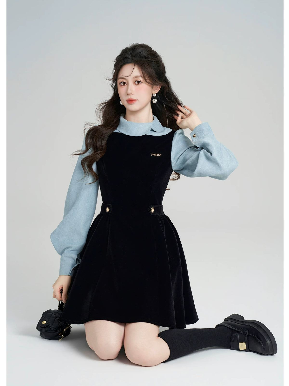 Velvet Pinafore Contrast Sleeve Dress