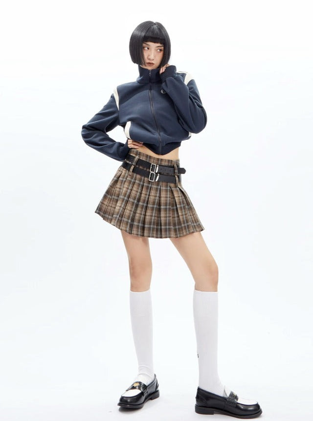 Plaid Pleated Mini Skirt with Double Buckle Belt