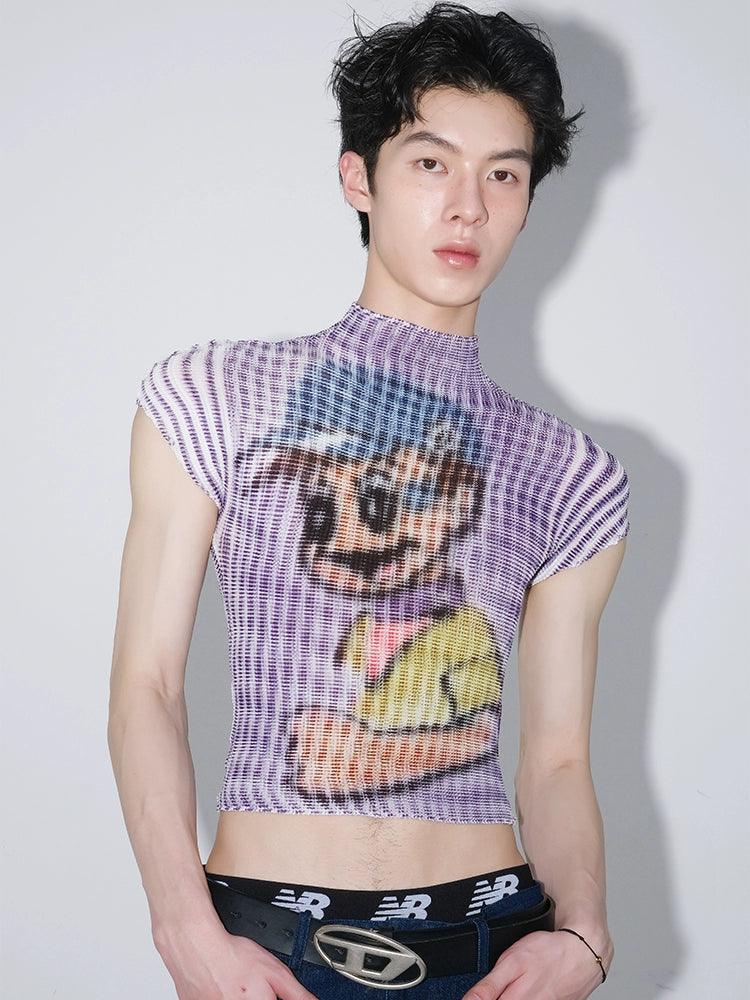 Cartoon Dog Print Ribbed Crop Top