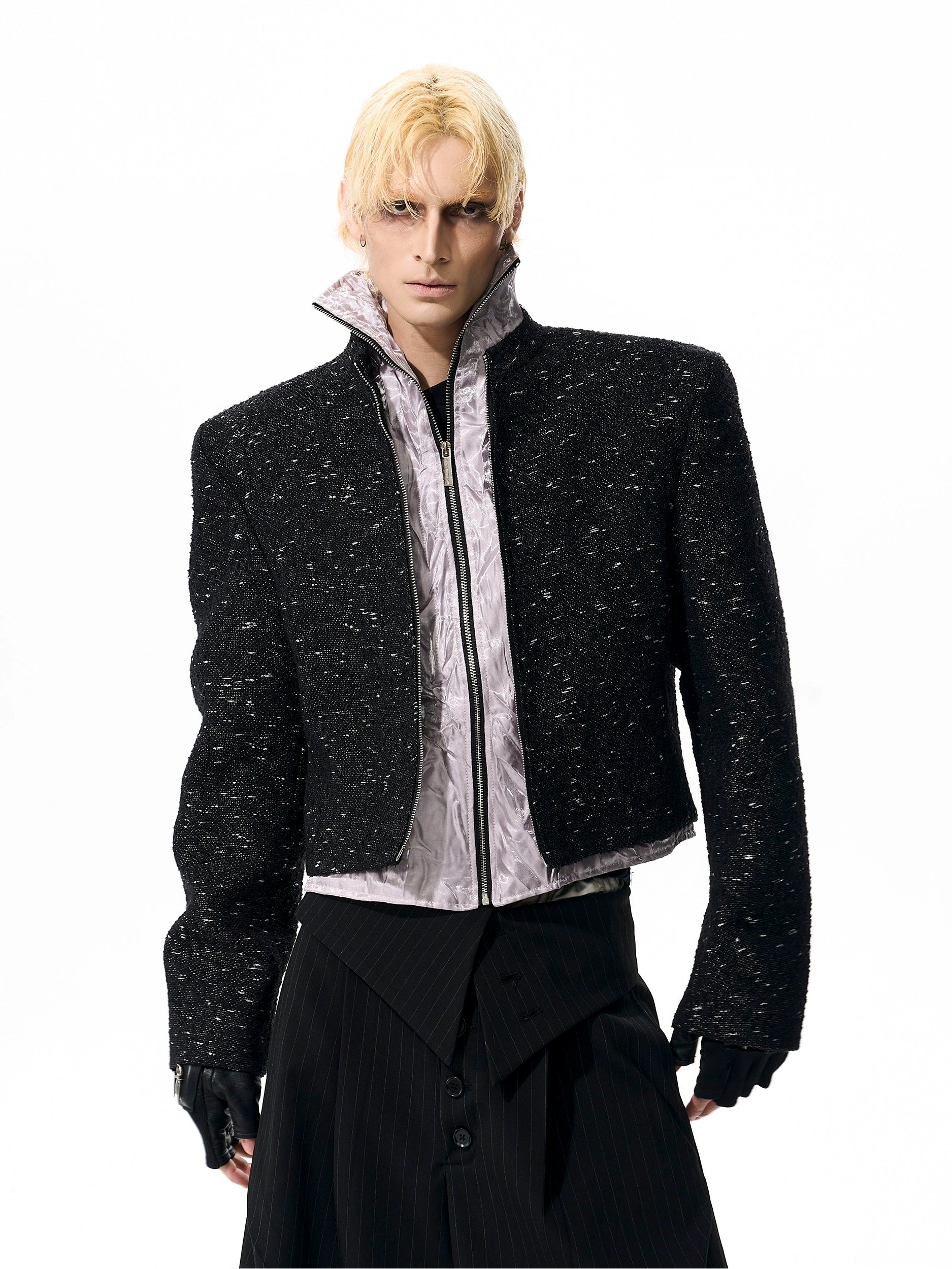 Textured Black Cropped Jacket with Satin High Collar