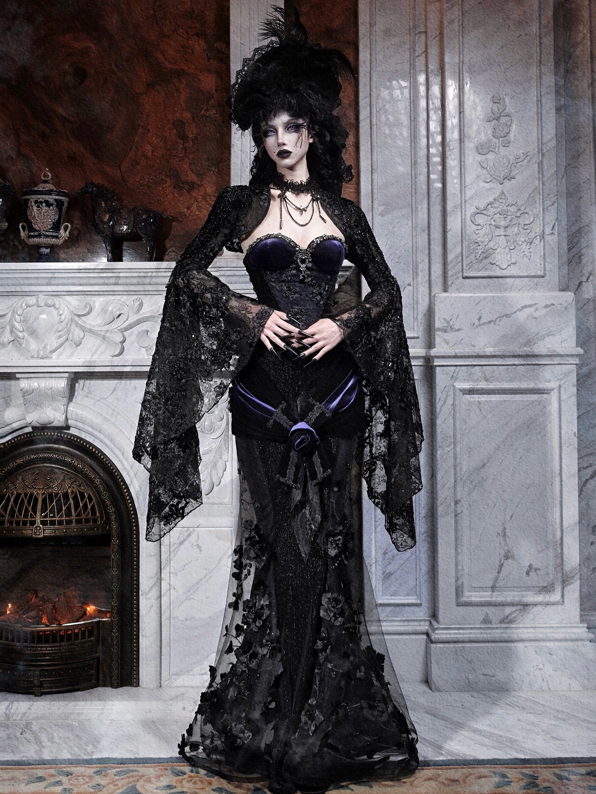 Gothic Black Velvet and Sheer Floral Mermaid Skirt