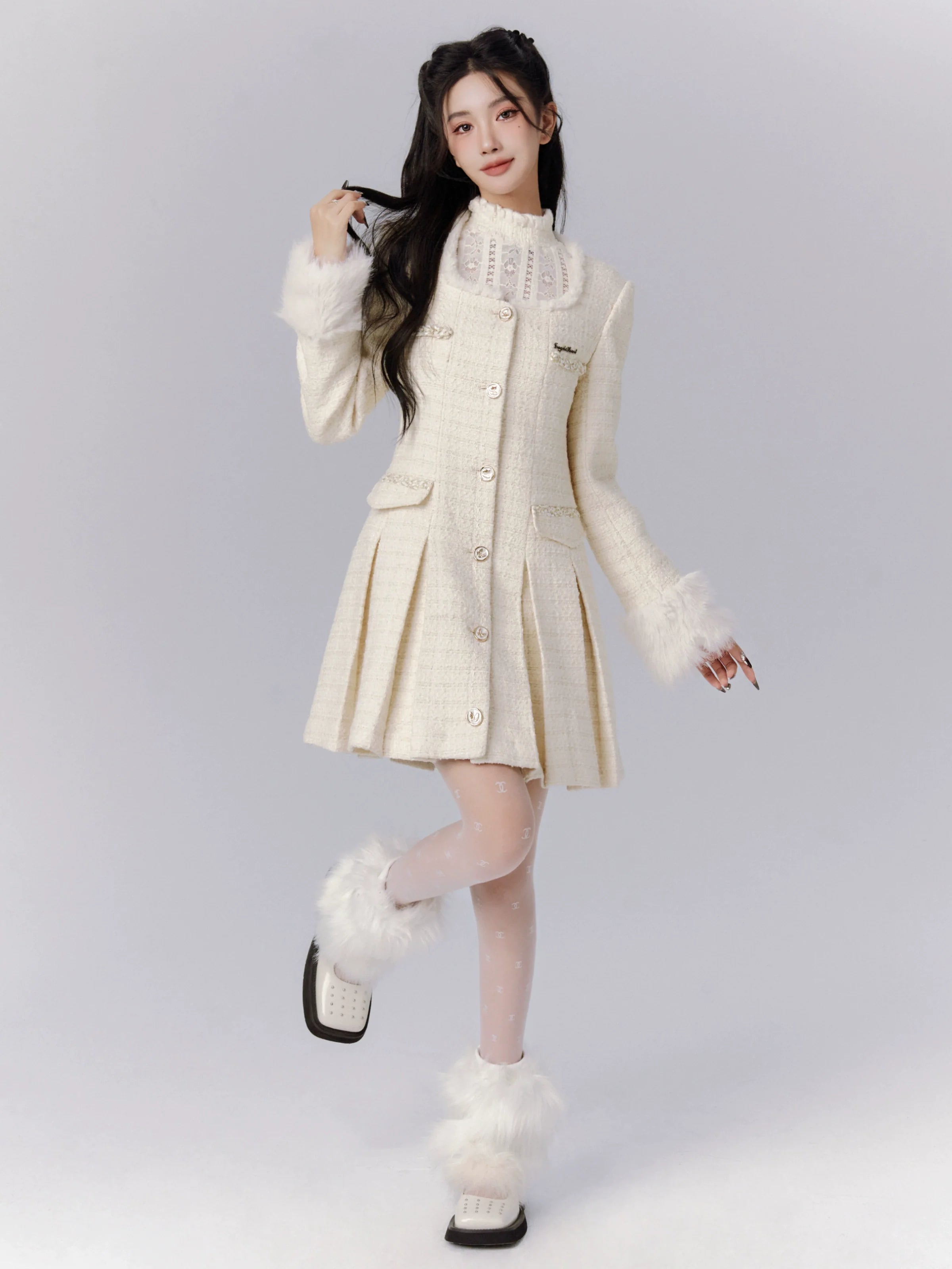 Elegant Ivory Tweed Coat Dress with Fur-Trimmed Cuffs