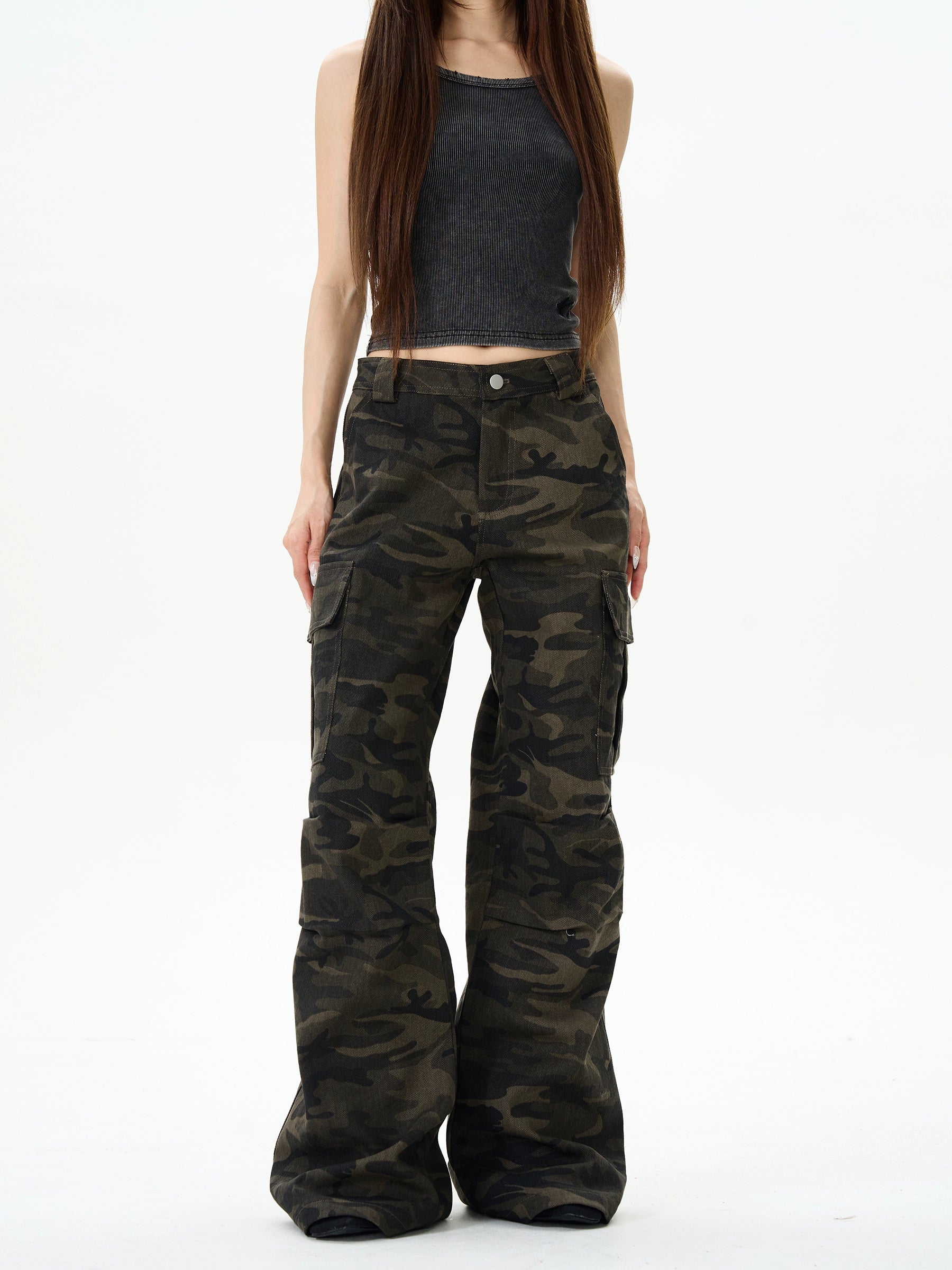 Camo Print Wide-Leg Multi-Pocket Cargo Pants