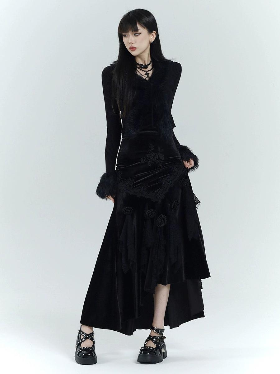 Ladyghost Gothic Velvet Maxi Dress - Women'S Black High-Low Gown With Fur Cuffs And V-Neck