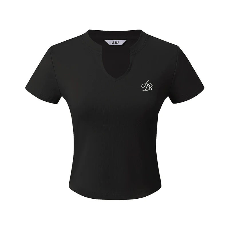 Keyhole Neckline Fitted Tee: Short Sleeve Logo Embroidered Top