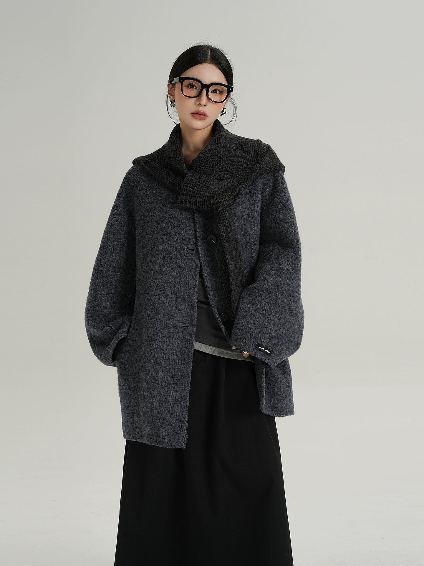 Charcoal Layered Scarf Wool Coat