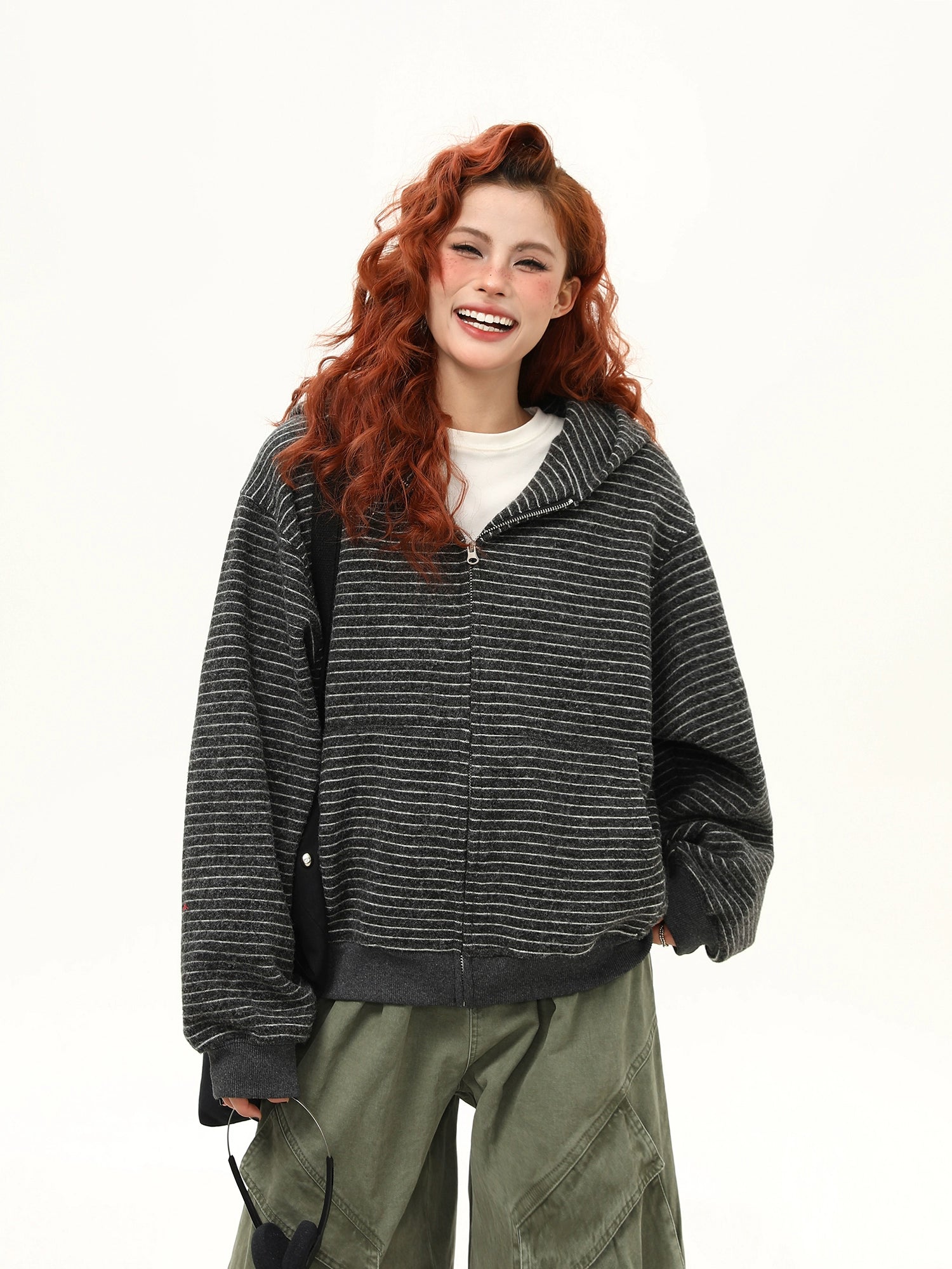 Oversized Striped Fleece Zip-Up Hoodie