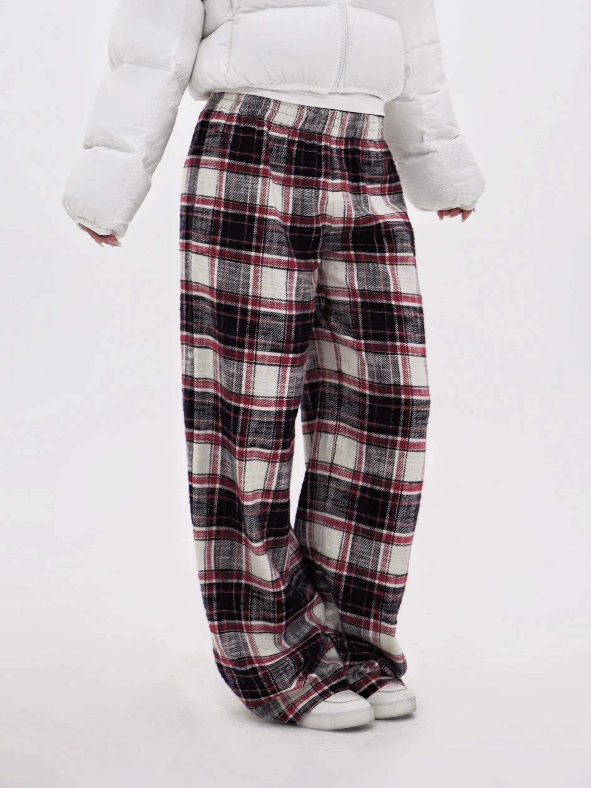 Red Plaid Wide-Leg Floor-Length Pants