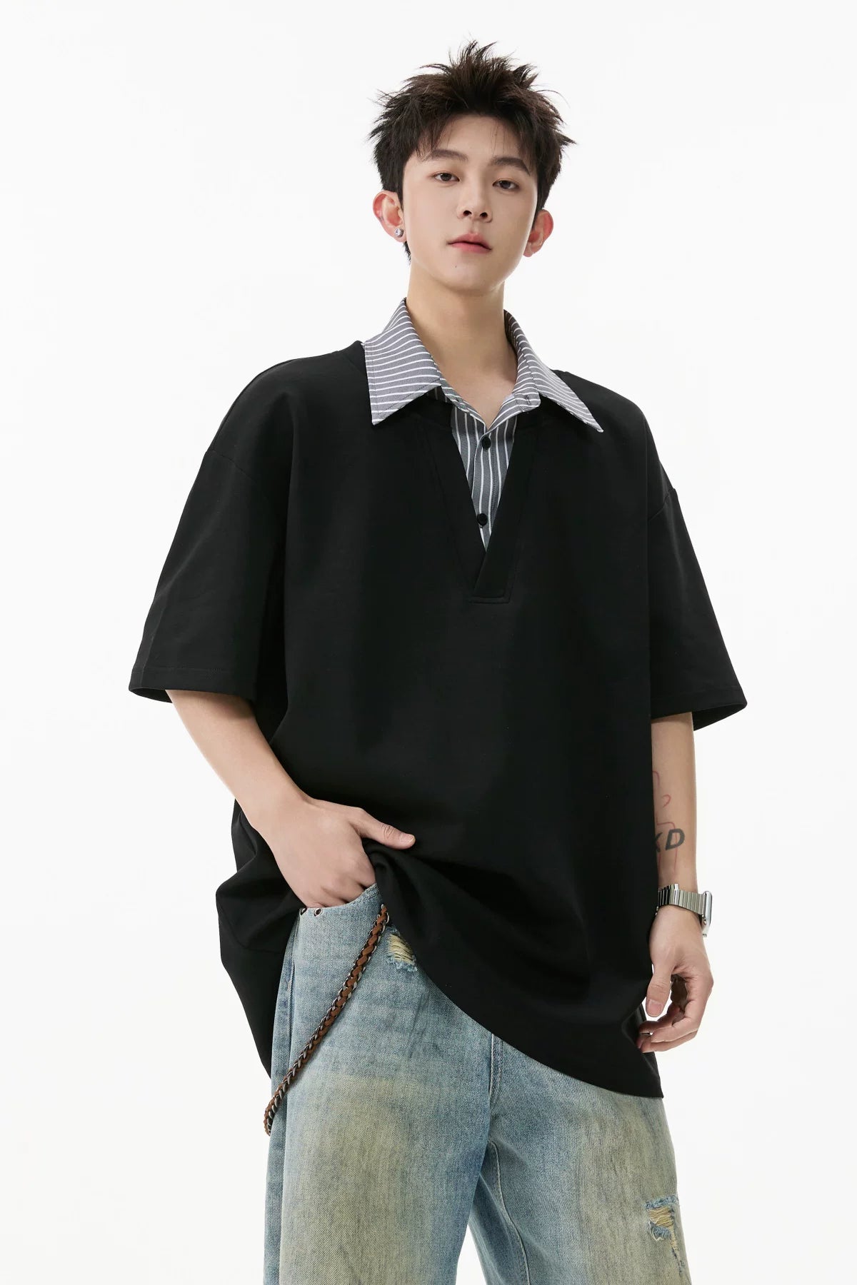 Layered V-Placket Polo Tee
