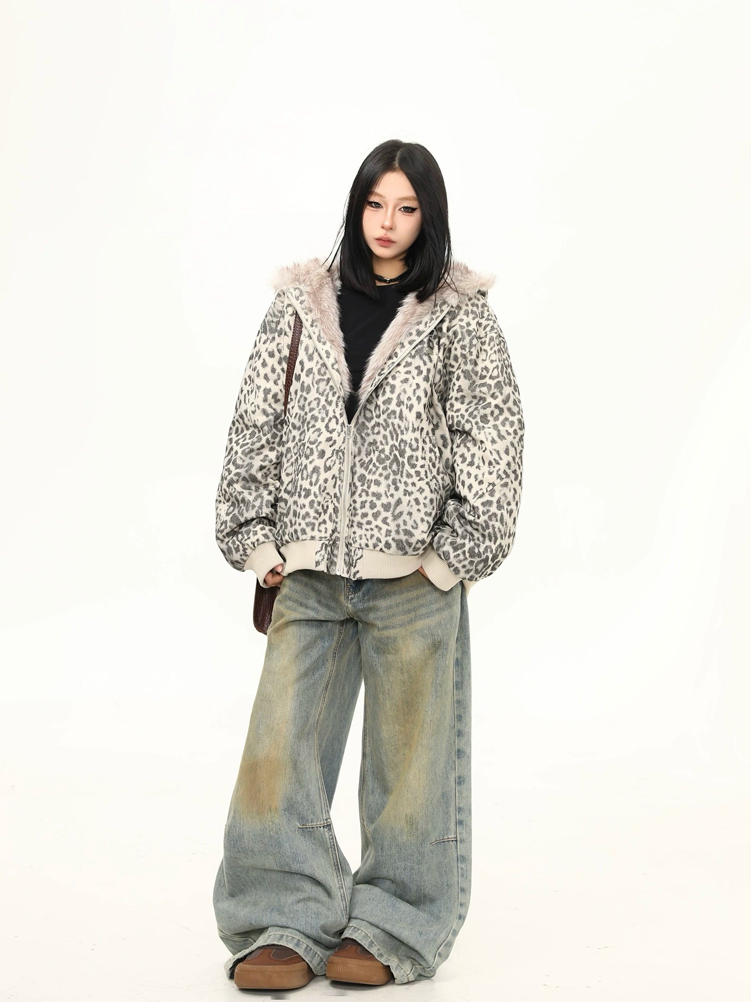 Snow Leopard Plush Zip Hoodie Jacket