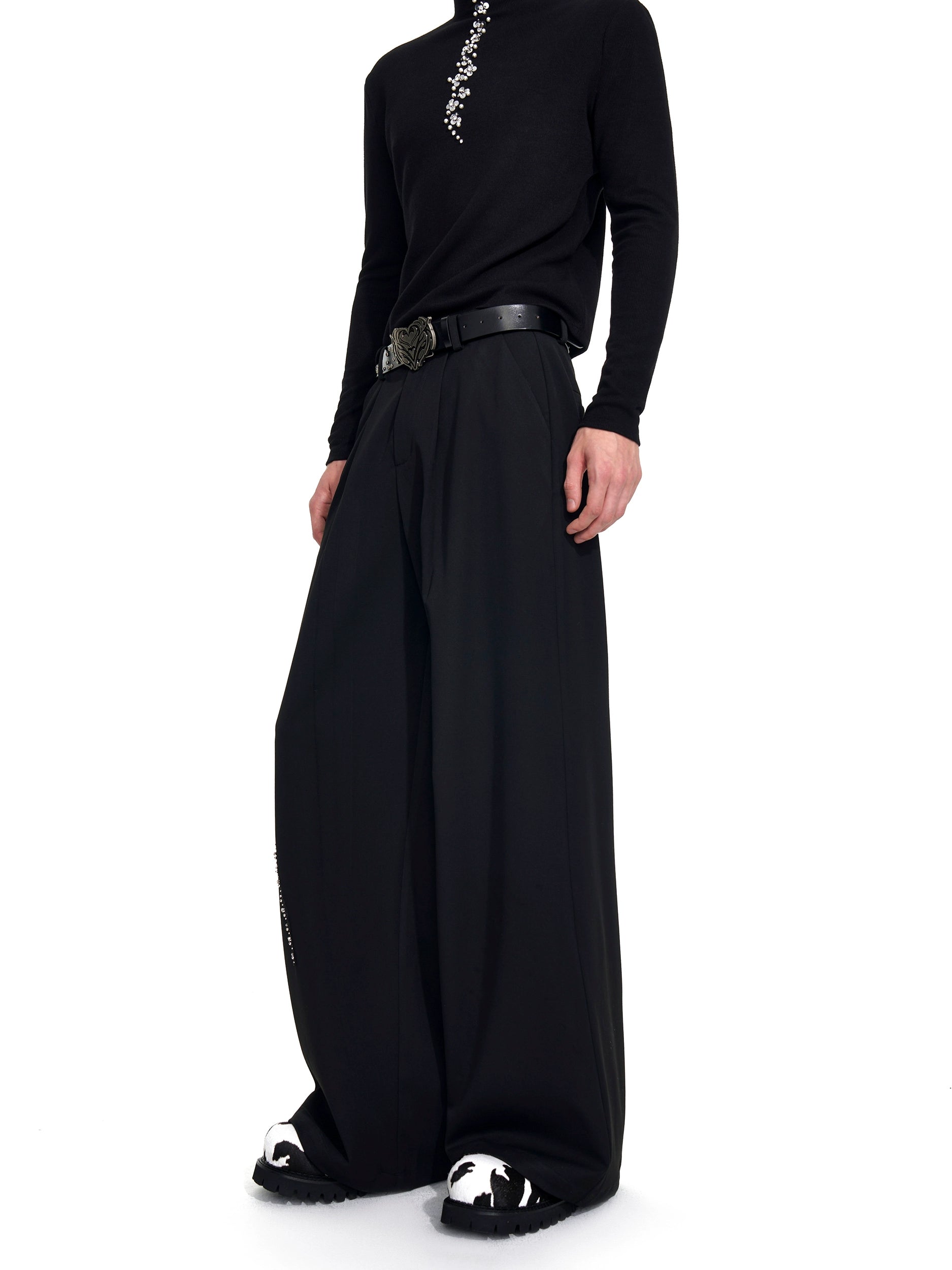 Cropped Embellished Black Blazer and Wide Leg Trousers Setup