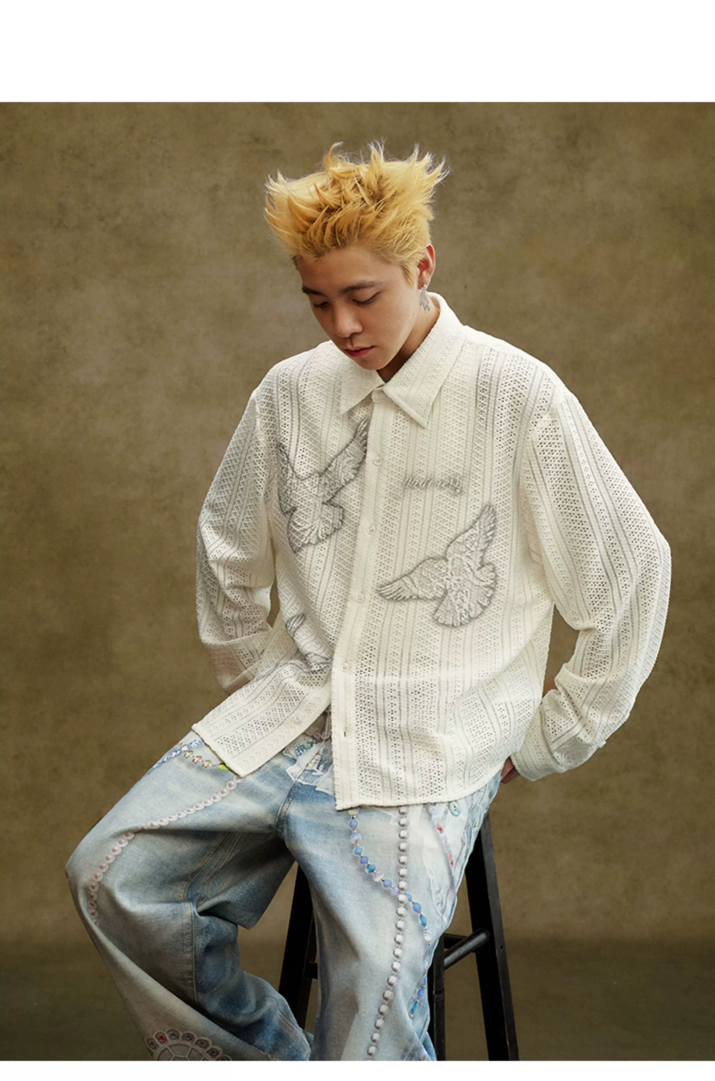 Ivory Embroidered Bird Lace Long Sleeve Shirt
