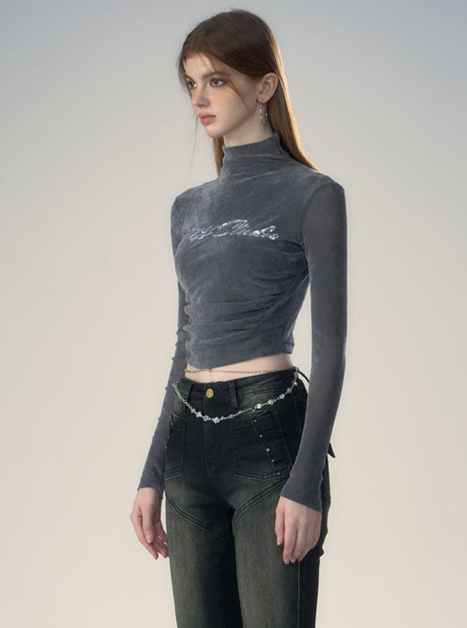 Premium Flocked Half-Turtleneck T-Shirt - chiclara