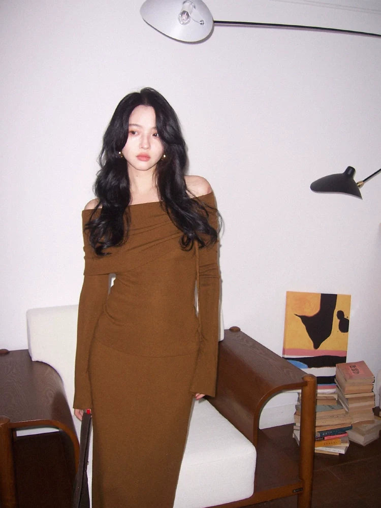 Shirred Lapel Knitted Blouse and Maxi Skirt Setup