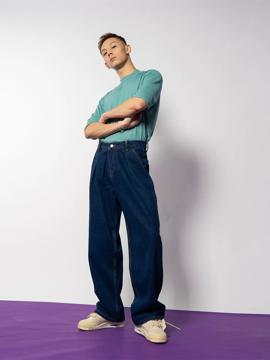Midnight Pleat Relaxed Wide-Leg Jeans