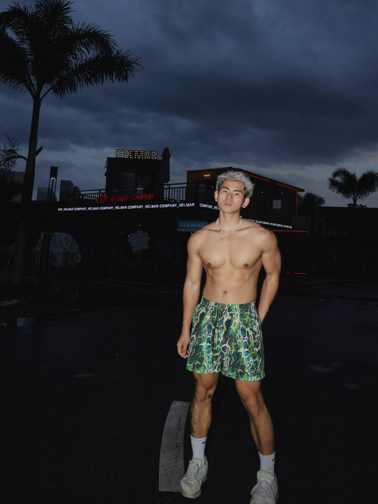 Green Snake Print Swim Shorts