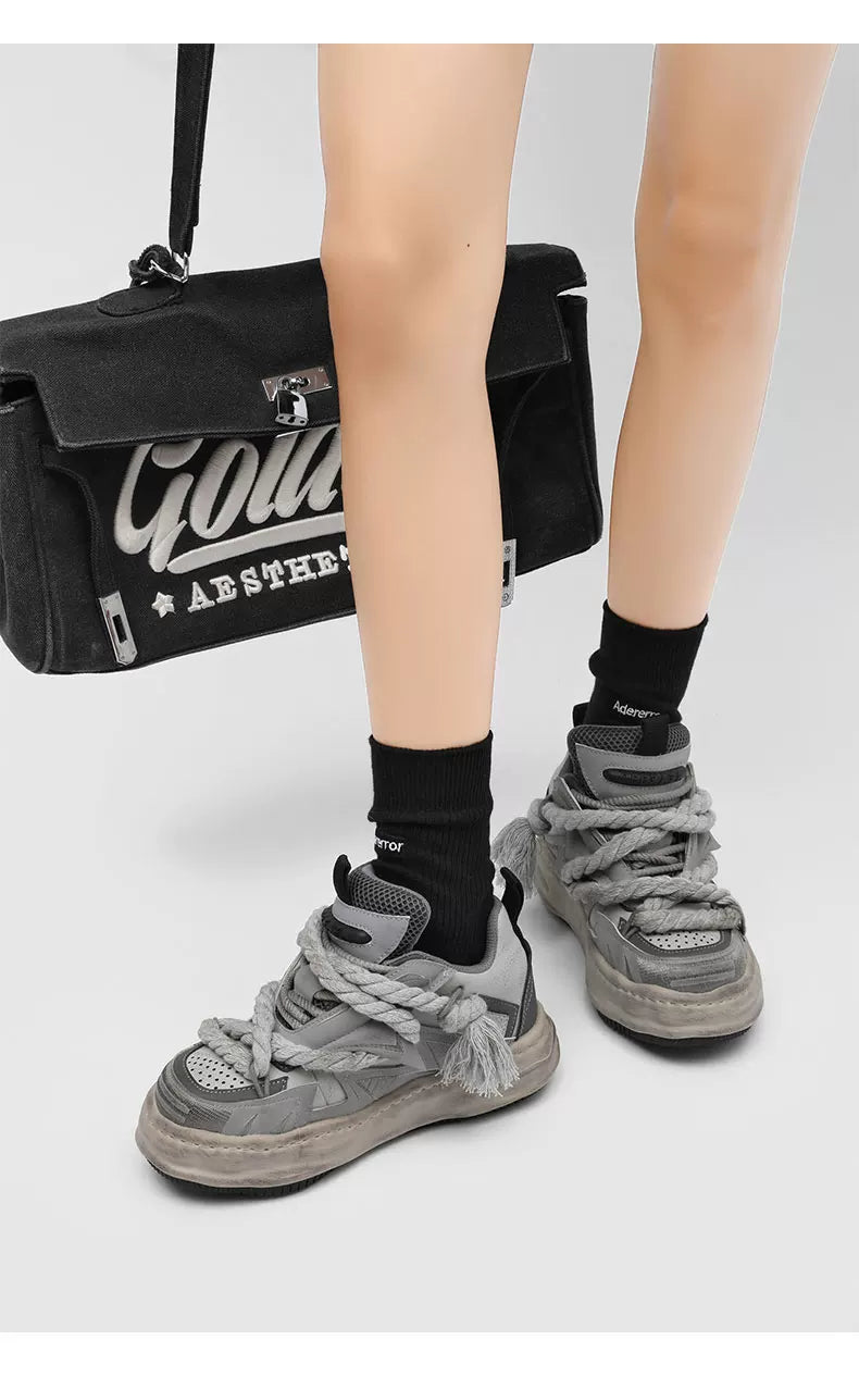 Distressed Rope-Lace Chunky Sneakers