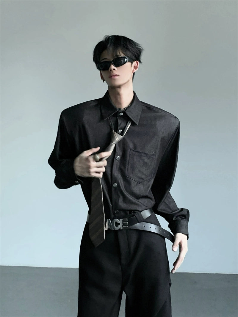 Structured Black Button-Up Shirt with Wide Shoulders