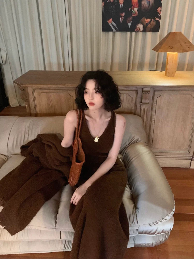 V-Neck Knit Maxi Dress and Long Cardigan Setup